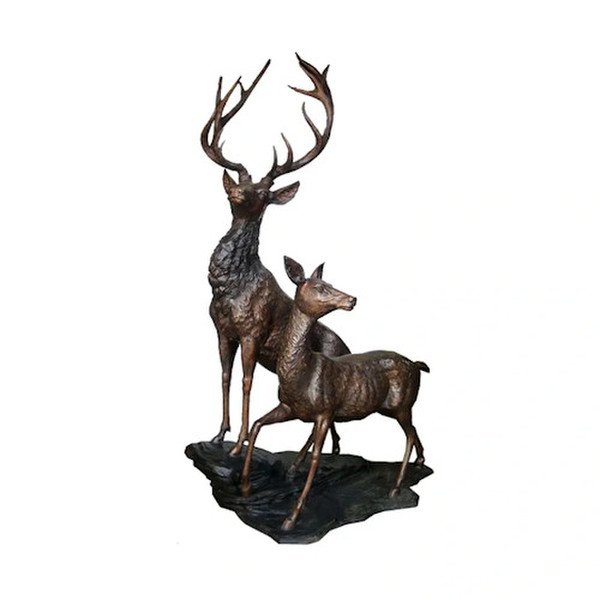 Buck and Doe Pair Bronze Statue Life Size In one sculpture standing on rock